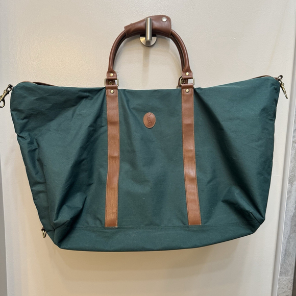 VTG Polo Ralph Lauren Green Canvas Brown Leather Travel Overnight Duffle Bag - Picture 1 of 9